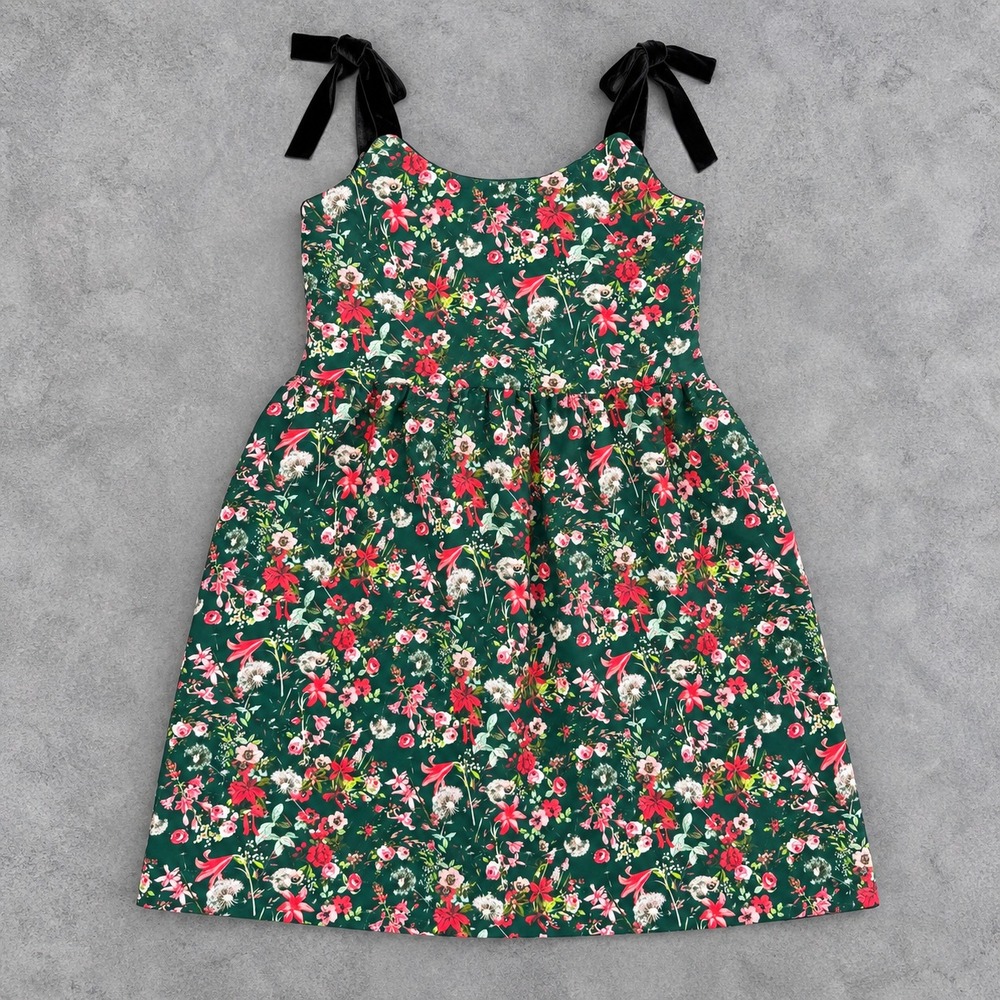 Vineyard Vines Women L Green Floral Dress Velvet Tie Straps Holiday Christmas